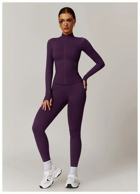 Women's Seamless 2-Piece Yoga Set – Long Sleeve Jacket &amp; High-Waist Leggings Gym Workout