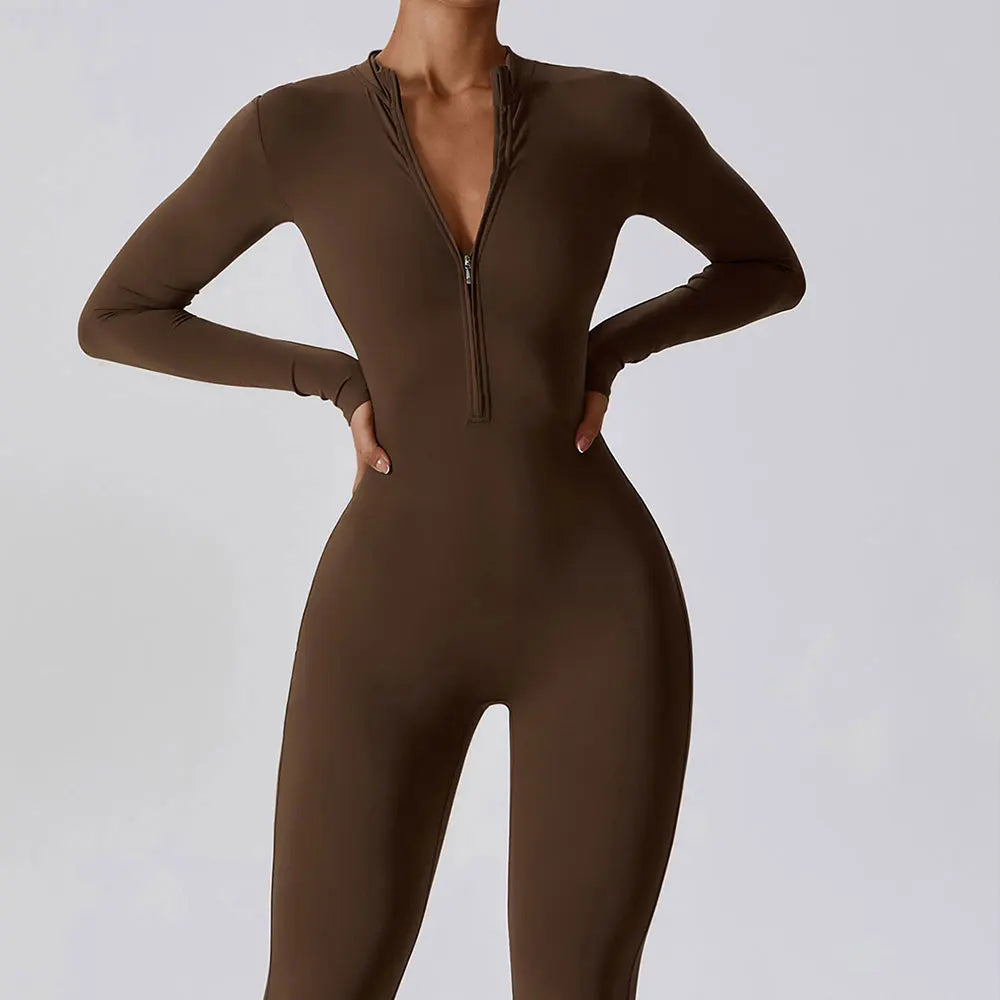 Women's Yoga Zipper Jumpsuit – Long Sleeve One-Piece